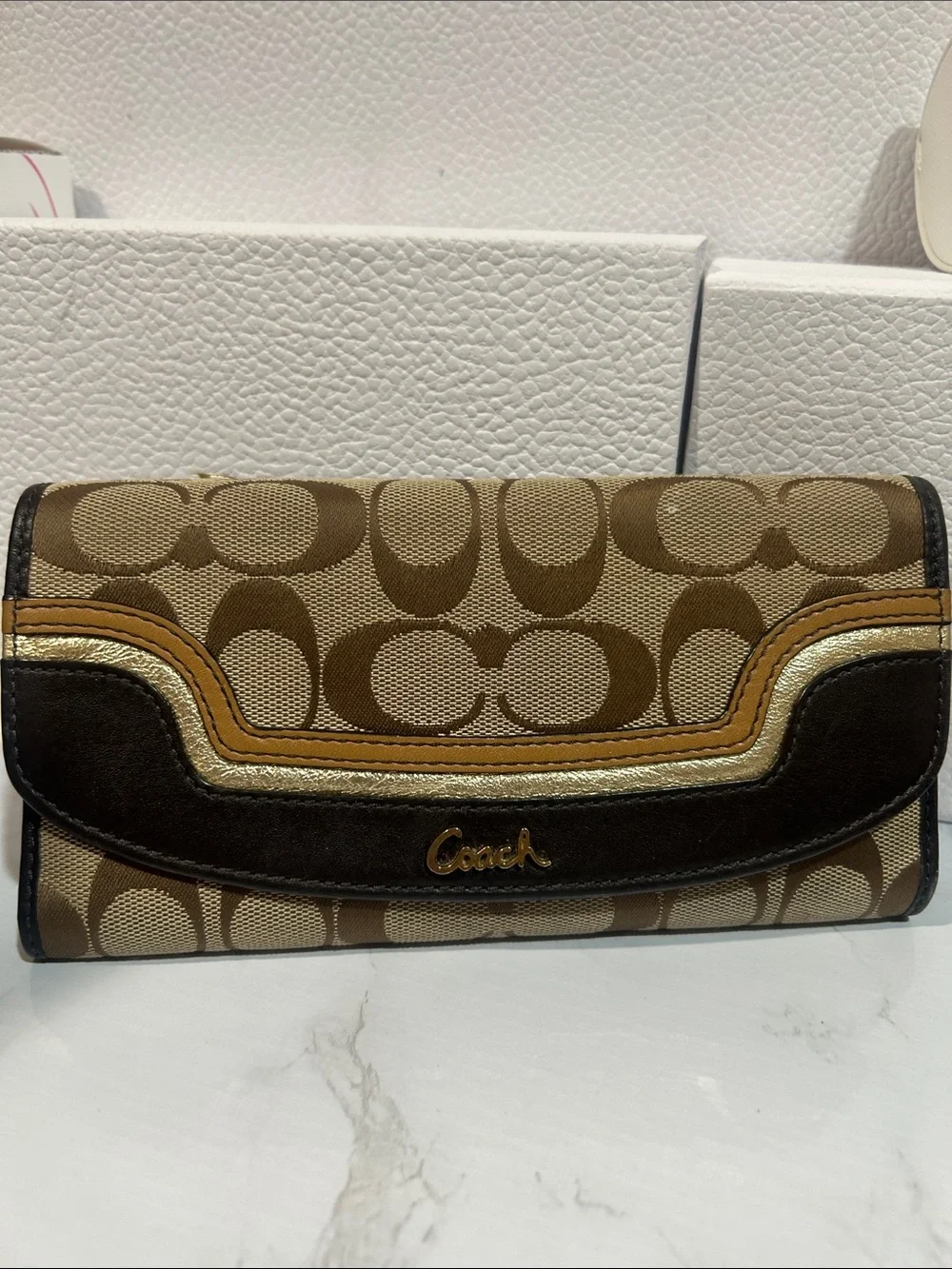 Coach Signature Canvas Trifold Wallet in Brown and Tan - Picture 6 of 8